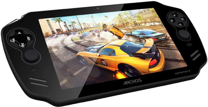 Front view of ARCHOS handheld gaming device showing a racing game, control buttons on both sides, and brand name below screen.