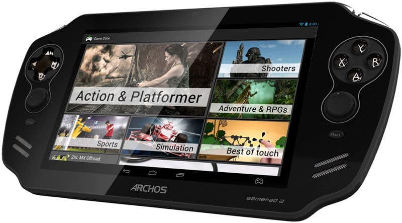 Front view of a black Archos Gamepad 2 showing touchscreen menu with game categories including Action, Shooters, RPGs, and Sports.