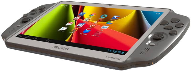 Front view of silver Archos GamePad tablet showing Android interface, app icons, and physical gaming buttons on both sides.