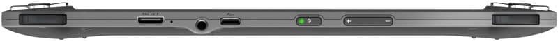 Top edge of a tablet showing volume rocker, power button, dual shoulder buttons, USB-C port, and headphone jack.