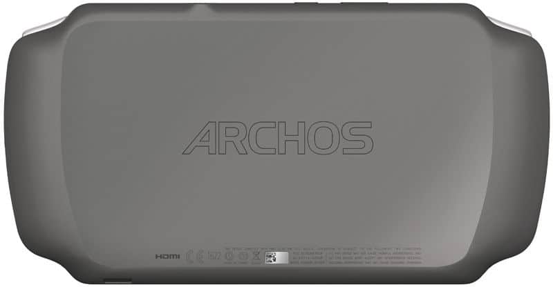 Rear view of gray ARCHOS tablet showing large central logo, lower ports, certification icons, and HDMI label on the left.