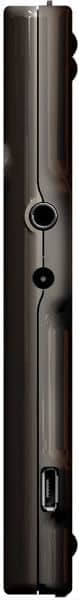 Side view of a closed black device with headphone jack, partially inserted stylus in slot, and charging port visible.