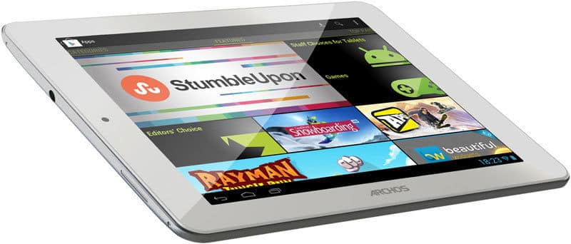 Silver Archos tablet, angled front view, displaying colorful app icons and featured content against a white background.