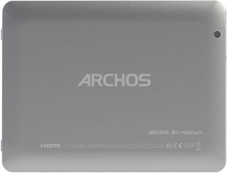 Rear view of silver Archos 8.0 Platinum tablet with centered logo, top-right camera, and specs and logos along the bottom.