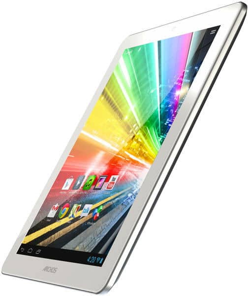 White tablet (brand/model not specified), angled front view, thin bezel, colorful display with app icons, screen shows 4:20 PM.