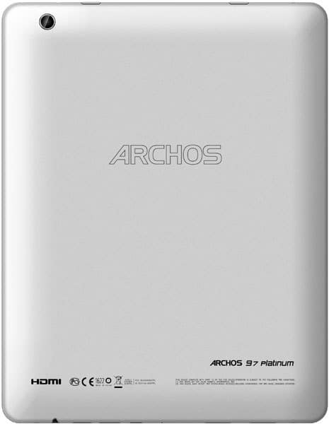 Rear view of the silver Archos 97 Platinum tablet with central Archos logo and HDMI plus certification details at the bottom.
