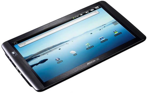 Front view of ARCHOS 10 tablet showing home screen with app icons, landscape wallpaper, and brand name on bezel.