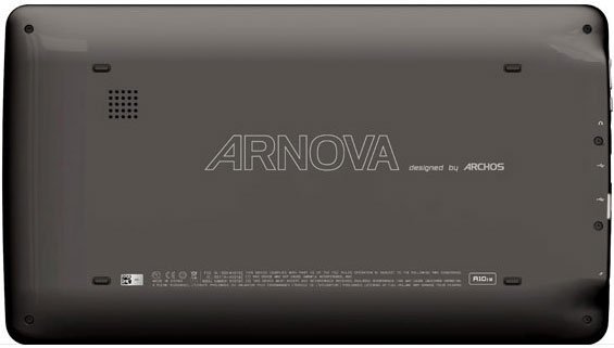 Rear view of Archos Arnova tablet showing dark finish, Arnova branding, speaker grille, and regulatory details at the bottom.