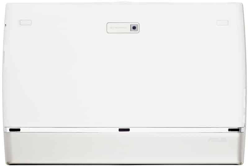 Rear view of a white ASUS tablet, showing the camera and ASUS branding on the upper back section. Model name not specified.