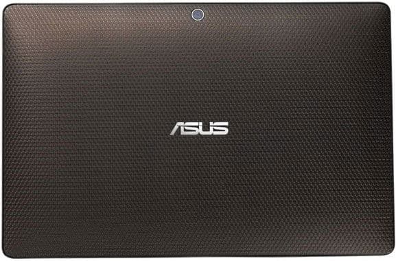 Rear view of Asus tablet shows textured dark back, top-center camera, and white Asus logo in the middle. Model unspecified.