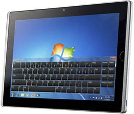 Front view of a tablet with black bezel, front camera, and Windows 7 OS with on-screen keyboard; brand/model not specified.