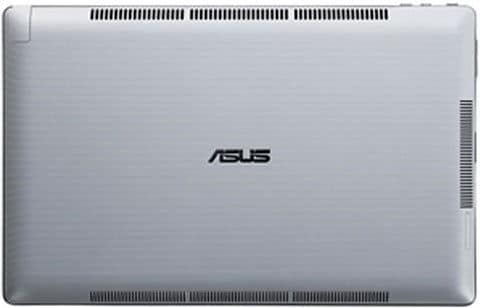 ASUS laptop, closed and viewed from above, with central ASUS logo and ventilation grilles at top and bottom edges.