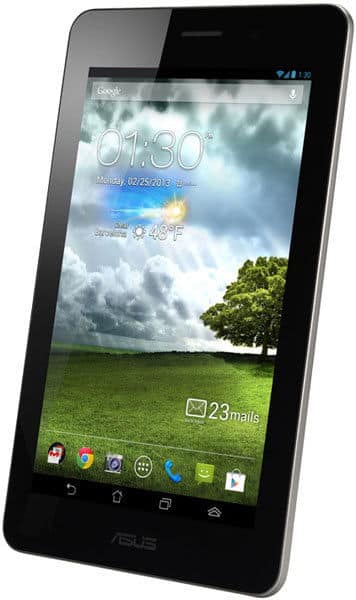 Front view of black ASUS tablet showing apps, weather widget, grassy field wallpaper, time 01:30, date 02/25/2013.