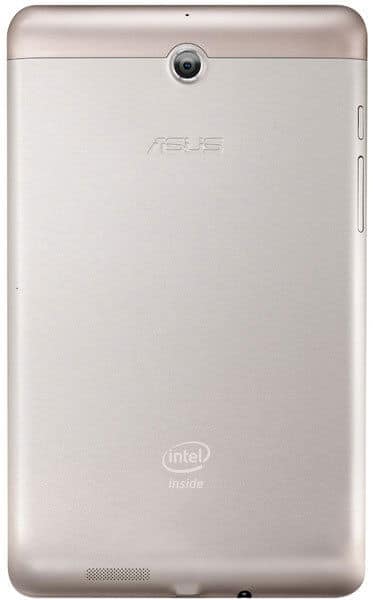Rear view of silver ASUS tablet showing top-center camera, ASUS logo, Intel Inside branding, and bottom-left speaker.