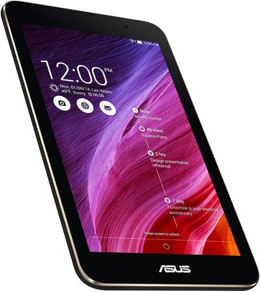Front view of black Asus tablet displaying purple and pink wallpaper, 12:00 PM time, and event/message notifications on screen.