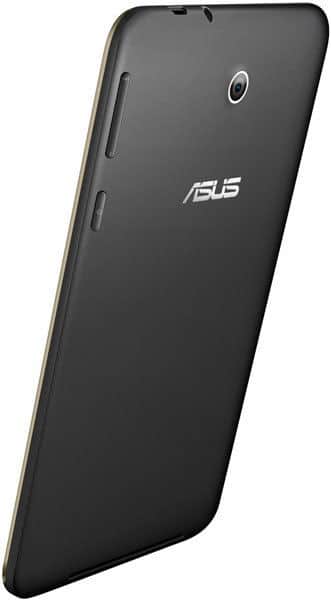ASUS tablet (model unspecified), rear angled view showing black finish, rear camera, ASUS logo, and side buttons.