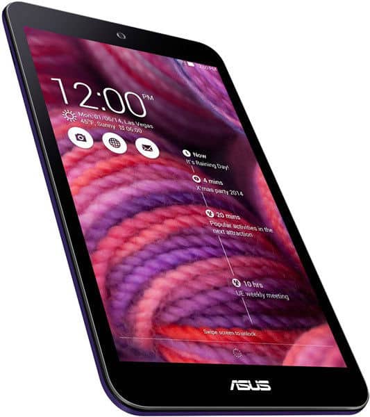 Front view of a black Asus tablet showing its home screen with widgets and colorful yarn background. Model not specified.