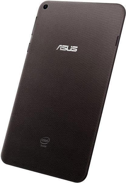 Rear view of a black Asus tablet with centered Asus logo, Intel Inside branding at bottom, and rear camera on top left corner.