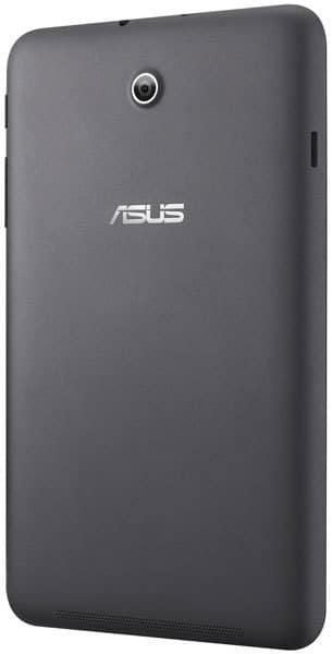 Rear view of black Asus tablet with centered top camera, Asus logo mid-back, and speaker holes along the lower edge.