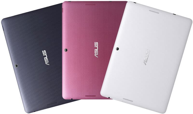 Rear view of three Asus tablets in navy, pink, and white with centered logos and cameras at the top left corners.
