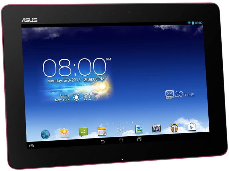 Front view of black ASUS tablet showing home screen with time 8:00 PM, date 6/3/2013, New York weather sunny, and app icons.