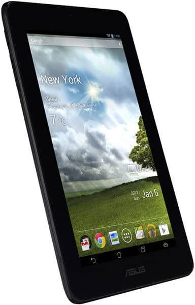 ASUS tablet, angled front view; screen displays New York weather app (clear, 7°C, Jan 6, 2013) with app icons below.