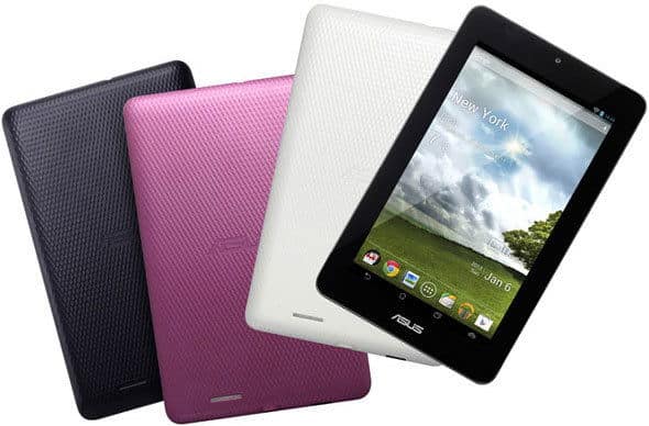 Asus tablets in black, pink, and white shown rear view; fourth tablet front view with Android screen and New York weather widget.