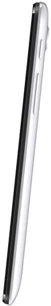 Side view of a tablet, thin profile with a white back, black front display, and volume buttons; brand/model unspecified.