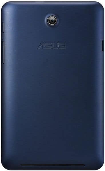 Asus tablet rear view in matte dark blue, single top-center camera, centered Asus logo, bottom speaker grille.