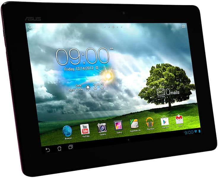 Front view of black ASUS tablet showing home screen with tree wallpaper, time 09:00, date 12/14/2012, and app icons.