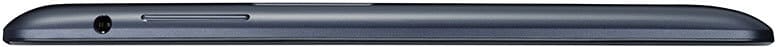 Tablet viewed from the side, showing a thin dark gray profile with a headphone jack on the left and volume controls along the top edge