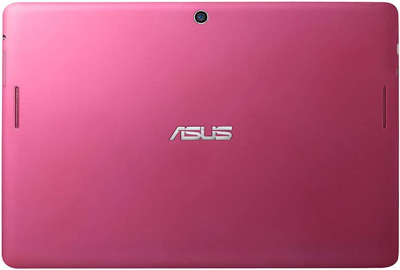 Rear view of pink ASUS tablet with centered top rear camera and silver ASUS logo in the center; model not specified.
