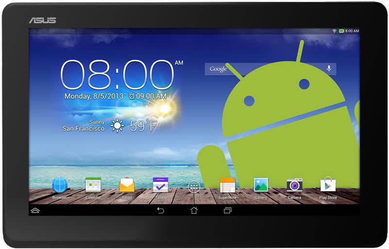 Front view of black ASUS tablet showing home screen, beach wallpaper, 08:00 AM, 59°F San Francisco weather, and app icons.