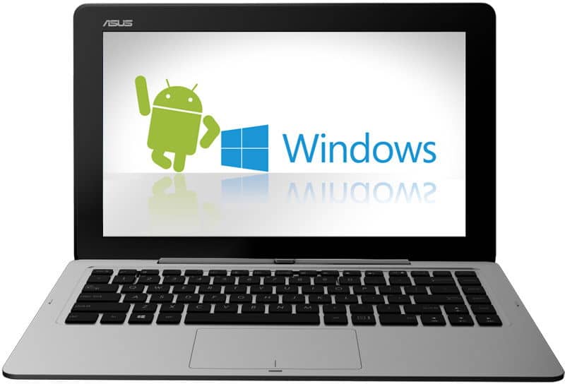 Front view of open Asus laptop showing Android and Windows logos on screen, highlighting dual OS support; black bezel and keyboard.