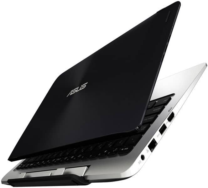 ASUS laptop from back left angle, partially open, showing black keys, ports, and ASUS logo on dark lid.