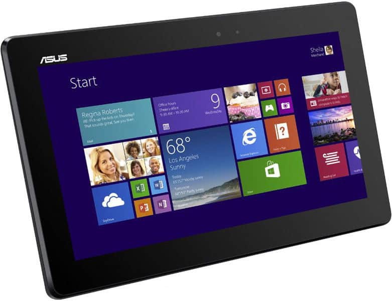 Front view of black Asus tablet displaying Windows 8 start screen with colorful app tiles on a purple background.