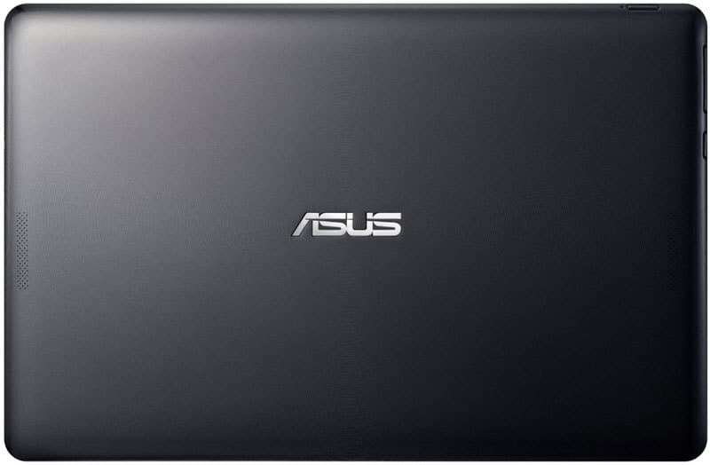 Rear view of black ASUS tablet shows centered ASUS logo and left-side speaker grille; model not specified.