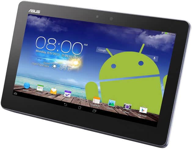 Front view of black ASUS tablet showing Android mascot, home screen apps, 8:00 AM, 8/5/2013, San Francisco weather.