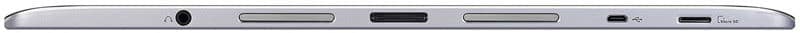 Tablet device shown from the top edge, displaying ports and controls including headphone jack, volume buttons, power button, and charging port