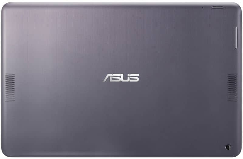 Rear view of gray Asus tablet with centered logo, dual side speakers, rear camera bottom right, and slot at top right edge.