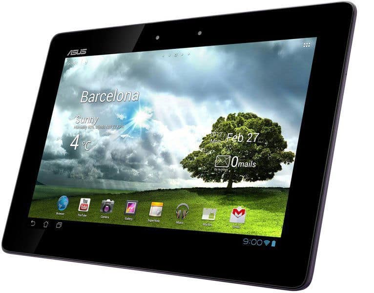 Front view of a black ASUS tablet showing Barcelona weather (4°C, partly cloudy), Feb 27 date, zero emails, and app dock.