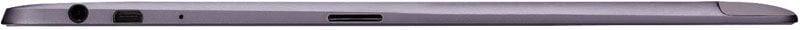 Tablet device shown from the side, displaying a thin profile with dark gray casing and minimal bezels along the edges