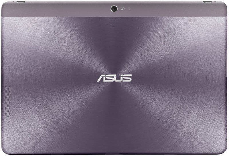 Rear view of ASUS tablet in metallic purple, showing top-center rear camera, white ASUS logo, and brushed metal finish.