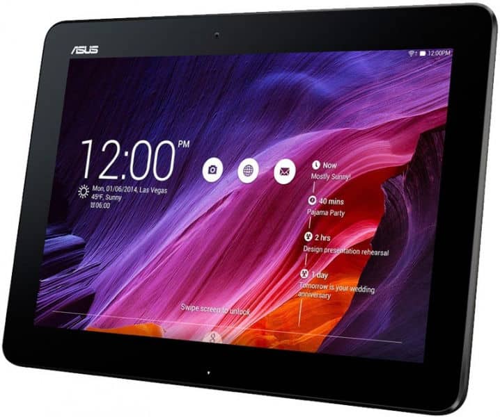 Front view of Asus tablet showing home screen with colorful wallpaper, 12:00 PM time, Jan 6, 2014 date, weather, and app icons.