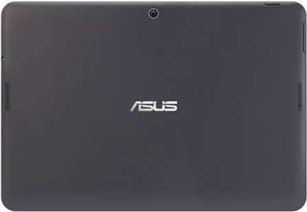 Rear view of ASUS tablet with central ASUS logo, top rear camera, and dual speaker grills on either side. Model unspecified.
