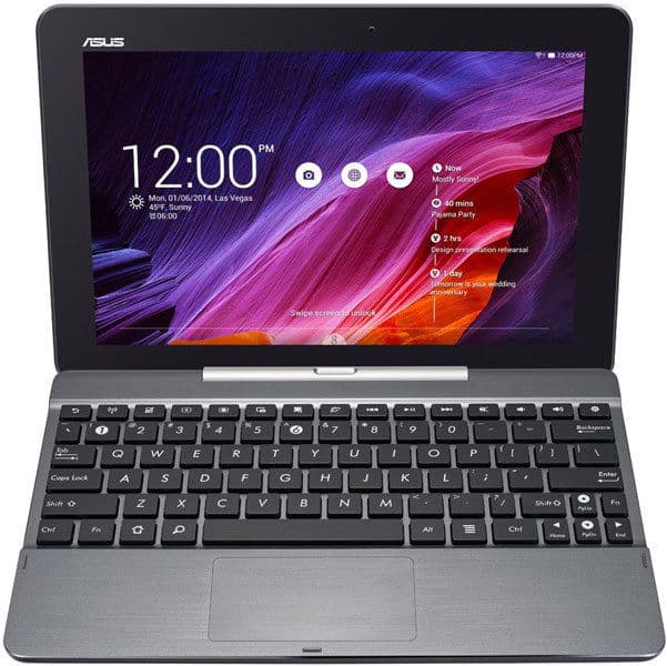 ASUS black 2-in-1 laptop tablet, front view with detachable keyboard, lock screen visible on purple-red abstract background.