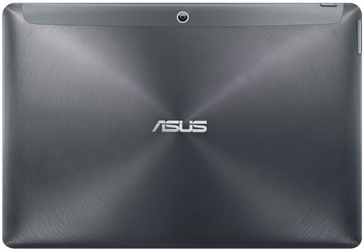 Rear view of Asus tablet, brushed metal finish, top-centered rear camera, Asus logo centered on back. Model unspecified.