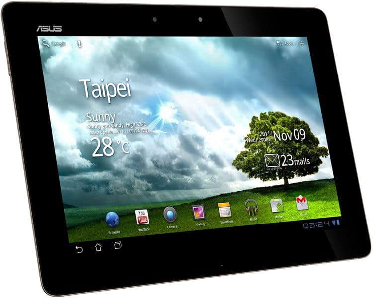 Front view of black ASUS tablet shows weather app for Taipei, sunny 28°C, with tree background, date, time, and app icons visible.