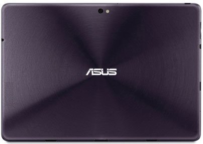 Rear view of Asus tablet with circular brushed metal finish, top-center rear camera, and white Asus logo in the middle.