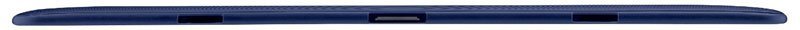 Dark blue tablet or thin device shown from the front, viewed at an angle against a white background
